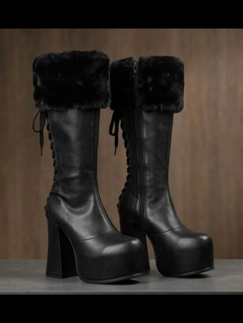 Dolls Kill Sugar Thrillz Sweetest Wishes Black Platform Fur Boots Size 9 EUC